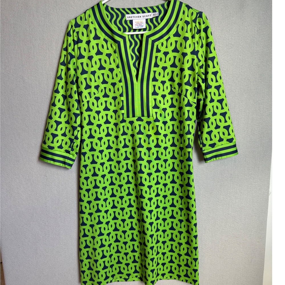 Gretchen Scott Dress Womens XS Green Navy Blue Tunic Shift Geometric Link Print